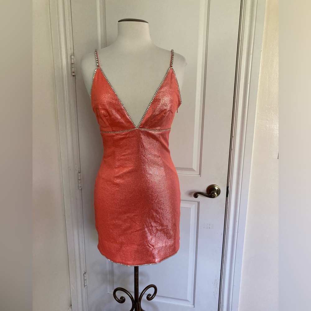 AREA Mini Dress in Crystals Embellished Trim & Metallic Coral - Picture 8 of 16